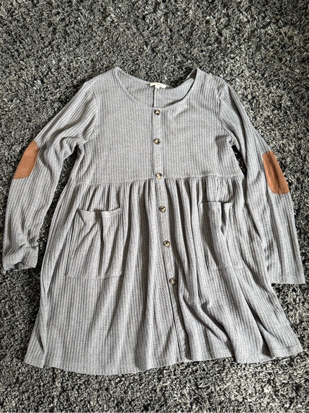 Umgee Gray Button-Front Knit Dress with Tan Elbow Patches